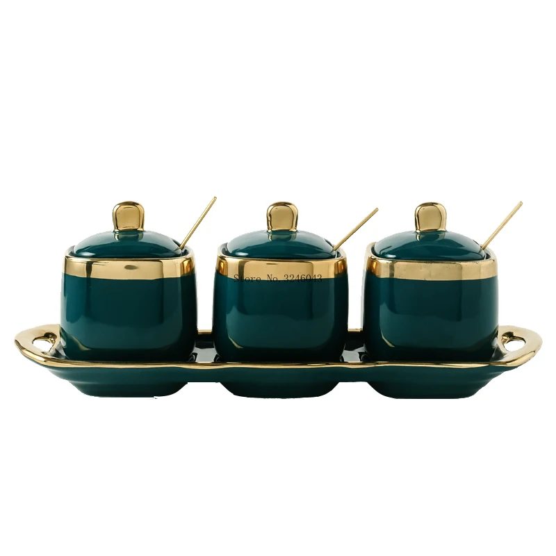 Northern European Light Luxury Emerald Ceramic Sugar Cans Salt MSG Jar Seasoning Jar Seasoning Box Four-piece Household Set
