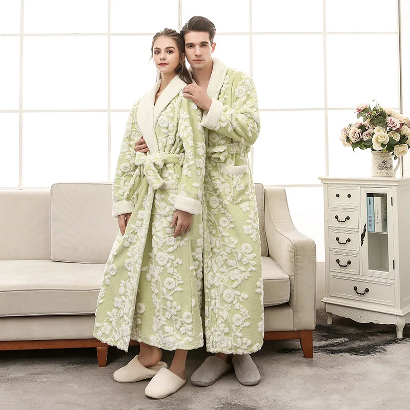 Зимний теплый из жаккардовой ткани кораллового флиса роскошный длинный халат для женщин и мужчин Фланелевое кимоно для влюбленных утепленный банный халат одежда для сна, ночнушка