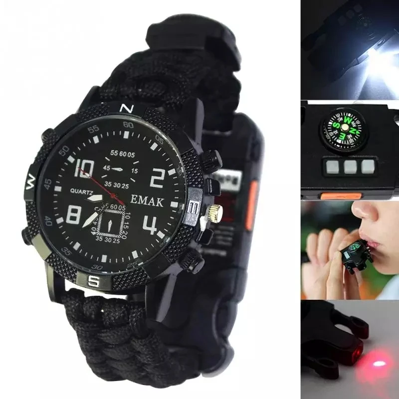 

New Outdoor Camping Multi-functional Watch Survival Watch Compass Thermometer Rescue Rope Paracord Bracelet Equipment Tools Gift