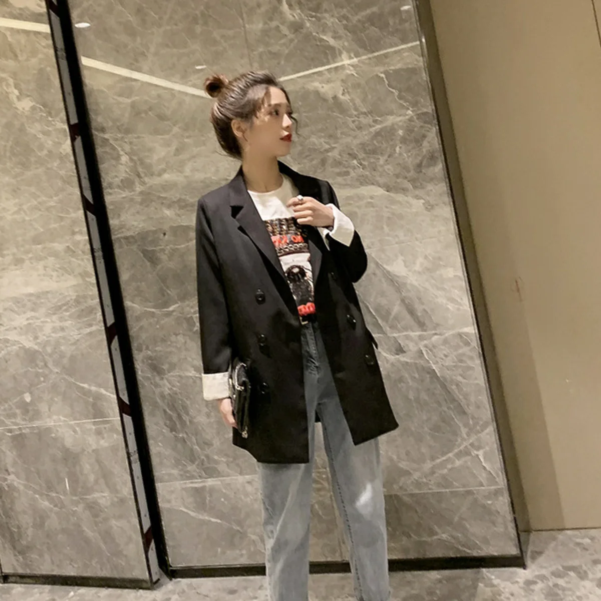 

2019 Spring New Style Online Celebrity INS Mid-length Black And White with Pattern Casual Small Suit Women's CHIC Short-height L