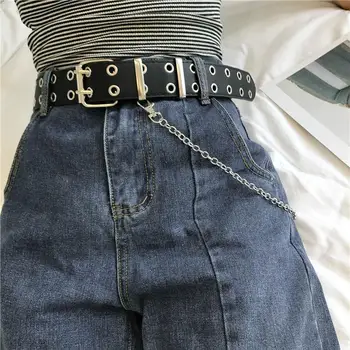 

Female Punk Fashion Trousers Pin Buckle Black Willow Nail Waist Full Grommet Belts Men Women PU Leather Belt For Jeans 152
