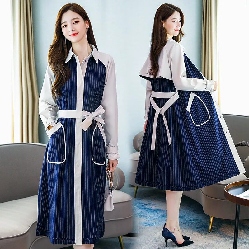 

Trench Coat Commuting Convention Mid-length Shirt Collar Stripes Joint Casual Versatile Fashion