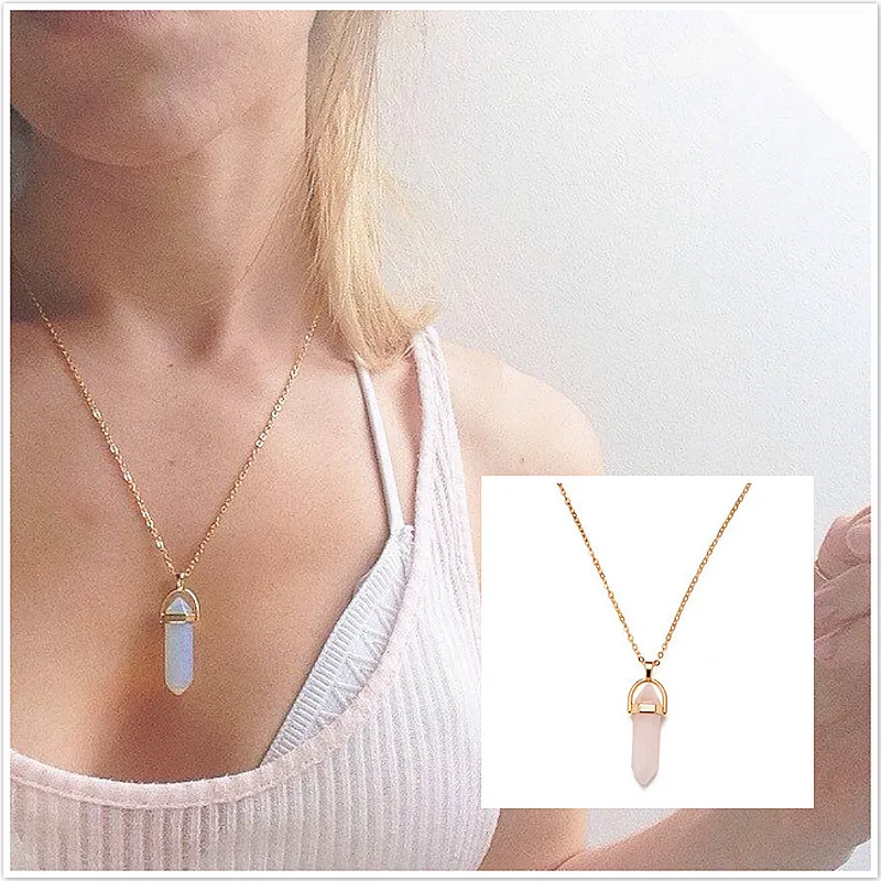 

2019 Hexagonal Column Quartz Necklaces Pendants Fashion Natural Stone Bullet Pink Crystal Pendant Necklaces For Women Jewelry