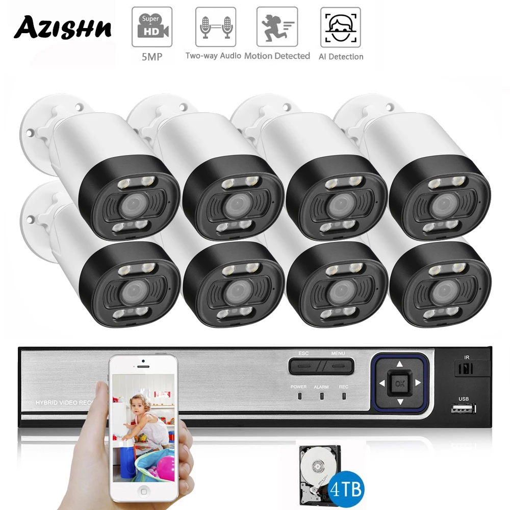 AZISHN 8CH 5MP NVR POE CCTV Камера безопасности Системы комплект двухстороннее аудио Ai IP