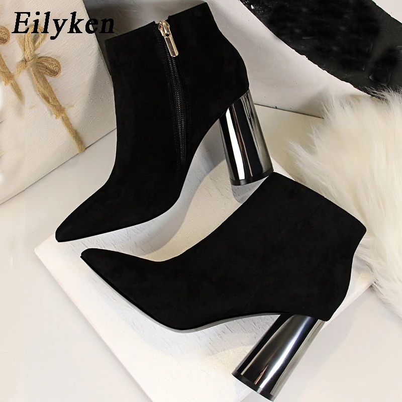 Eilyken/женские полусапожки из флока; модные классические женские ботинки ручной работы с острым носком на высоком толстом металлическом каблуке