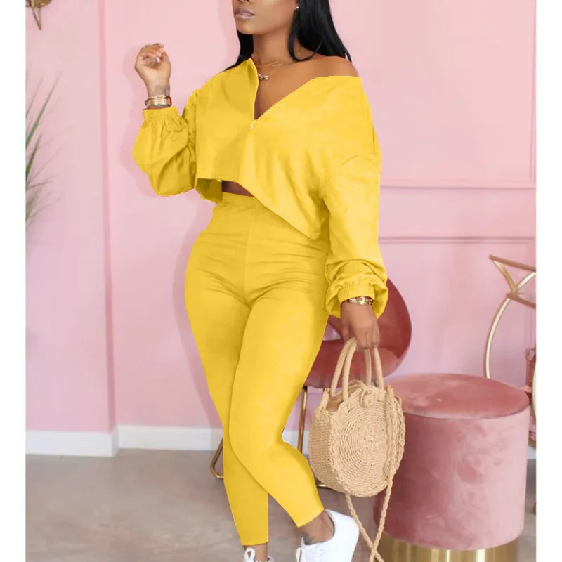 

Women Spring Autumn Sexy Club Street Set Zipper Jacket + SweatpantS 2020 Fashion Leisure 2PCS Suits Wholesale