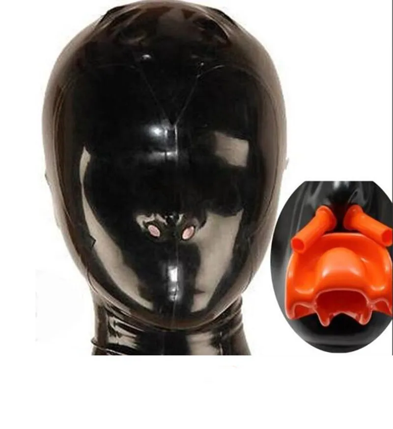 

Free shipping sexy exotic lingerie Latex Hood with Red Teeth Gag and Nasal Tubes Back Zipper Rubber Fetish Mask uniform XS-XXL