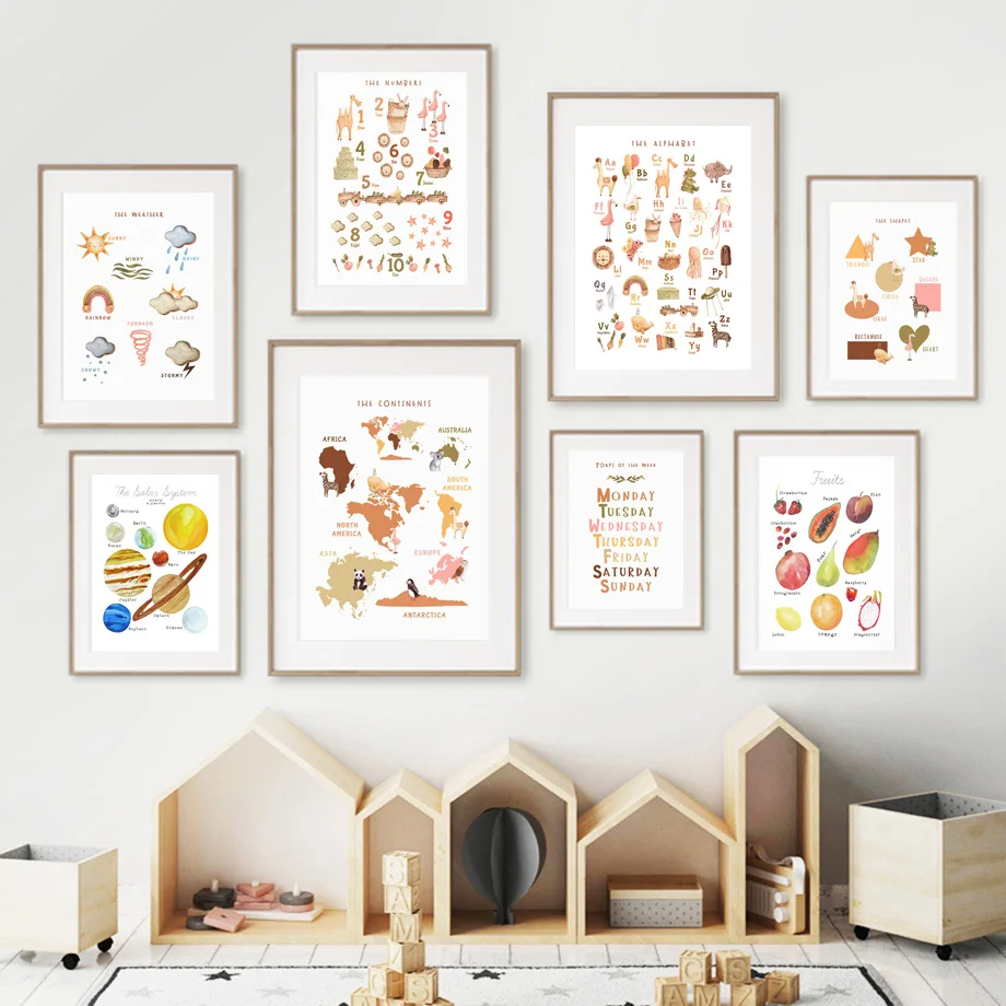 

Cartoon Animal Fruit Map Color Number Alphab Wall Art Canvas Painting Nursery Poster Printing For Babyroom Home Decor Unframed