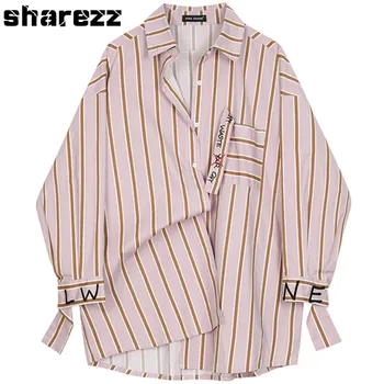 

Sharezz Spring Autumn 2020 New Stripe Shirt Women Long Sleeve Embroidery Loose Fit Letter Blouse Big Size Fashion Tide