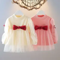 Robe bouffante à nœud pour filles, élégante, rose, manches bouffantes, en maille, décontractée, vêtements quotidiens pour enfants, tricot, printemps 