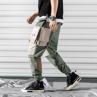 Зеленый Pockets Cargo Pants Men Letter Embroidery Hip Hop Harem Joggers Color Patchwork Track Trousers Man Skateboard Streetwear - Цвет: Зеленый