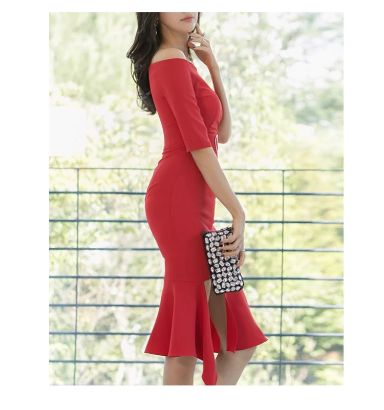 Autumn Solid color Sexy Off the shoulder Slash Neck Half sleeve Bodycon Mermaid Dress Women Ruffles Party Vestidos