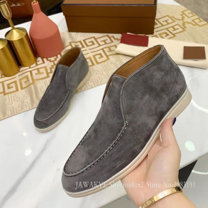 Comfort Suede Unisex High Top Loafers Round Toe White Rubber Sole Casual Flats Fashion One Pedal Couple Flat Mules Dress Shoes