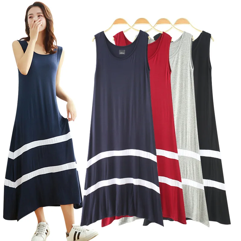 

Spring And Summer New Style Modal Dress Women's Large Size Korean-style A- line Skirt Spell White Sleeveless Dress