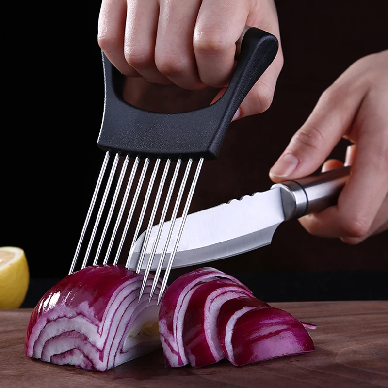 Easy Onion Cutter Holder Vegetable Slicer Cutting Tools Stainless Steel  Meat Potato Tomato Slicer Holder Fork Kitchen Gadgets