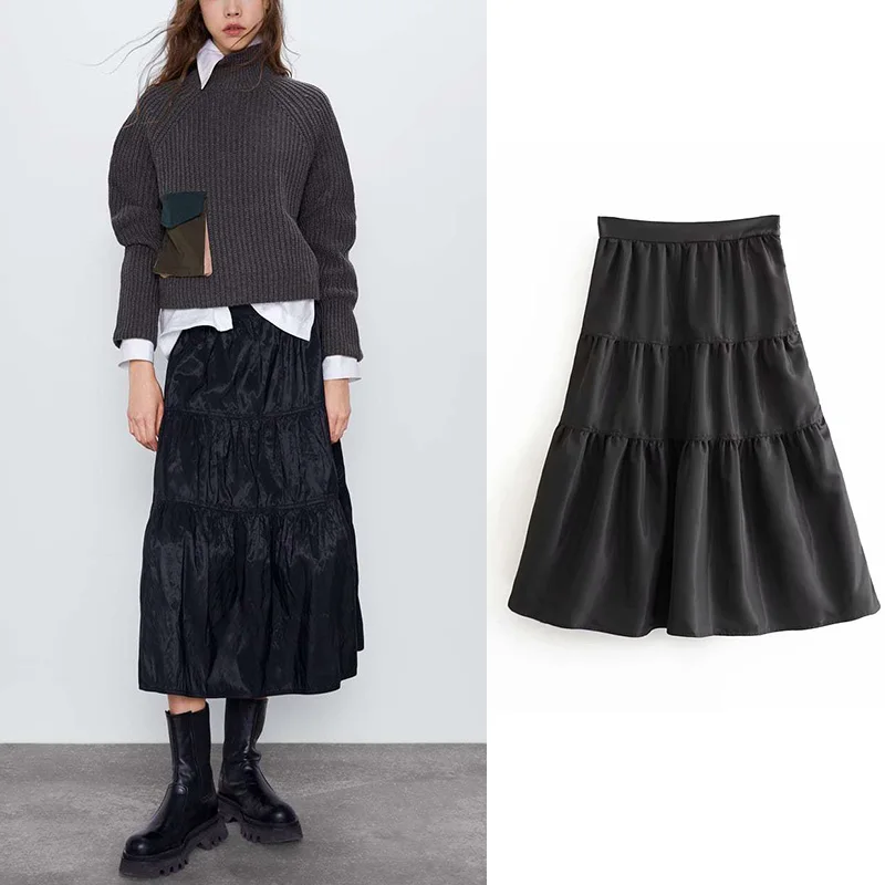 

black loose za 2019 skirts womens casual cascading ruffles midi skirt high waist faldas mujer moda 2019 chic