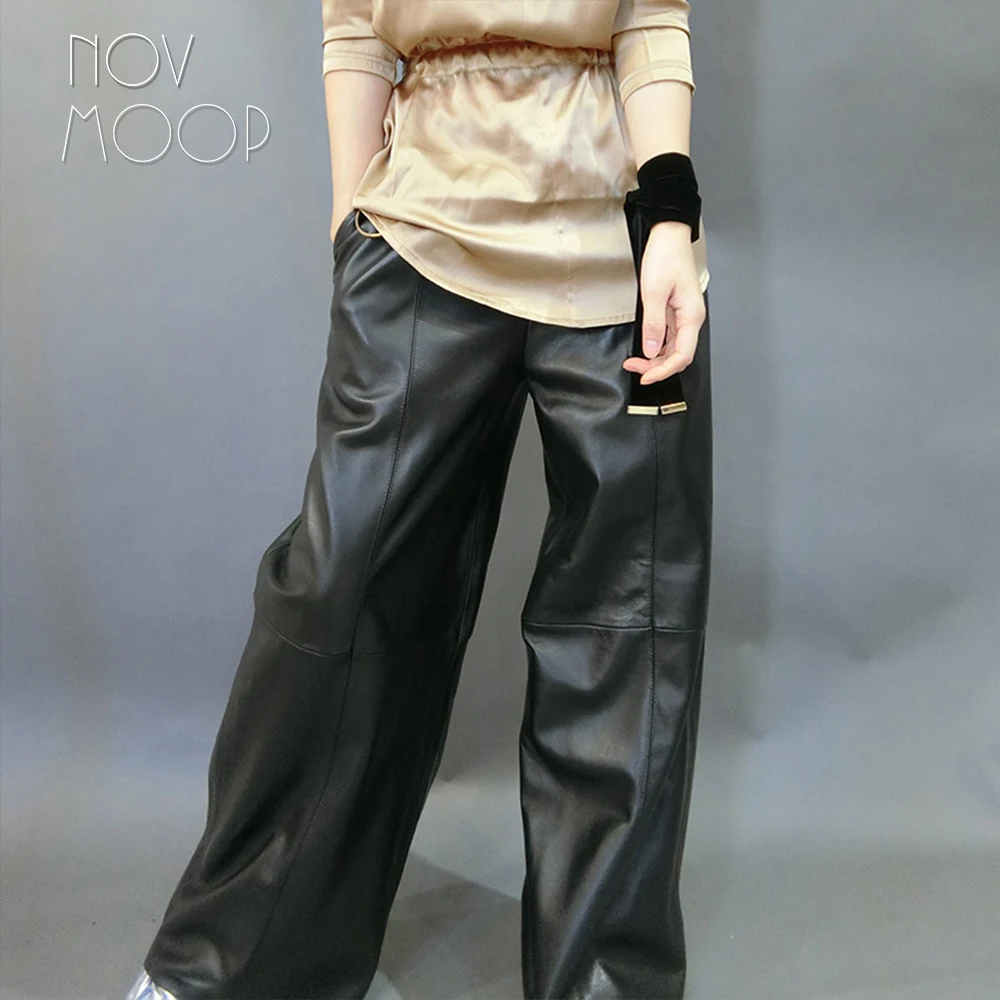 Novmoop Italy casual style winter black loose lambskin genuine leather wide leg pants women trousers pantalones mujer LT2897