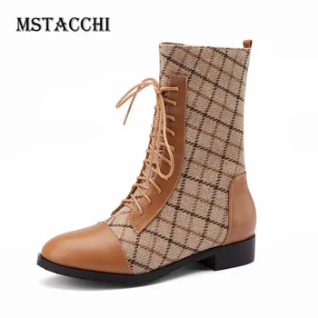 

Mstacchi Women Plaid Patchwork Cross Tied Short Boots Retro Sewing Round Toe Zipper Ankle Boots Flat With Preppy Ankle Boots