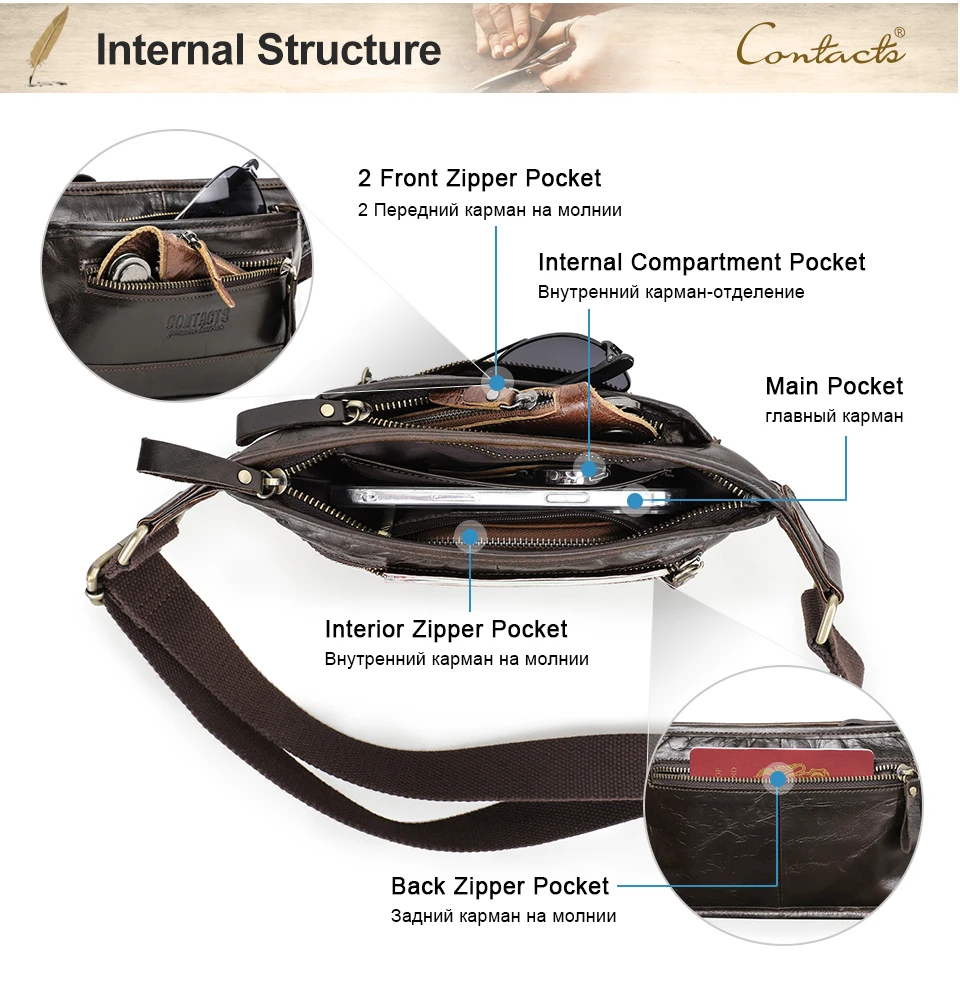 CONTACT'S Echtes Leder Männer Taille Pack Casual Männlichen Fanny Pack Taille Tasche Banana Beutel Handy Reise Umhängetasche Brust Taschen – Detail 7