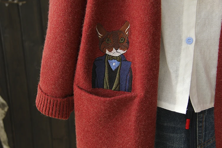 Японский Мори девушка осень зима женский длинный кардиган негабаритный свободный Кот Вышивка свитер с карманами милые Kawaii теплые пальто