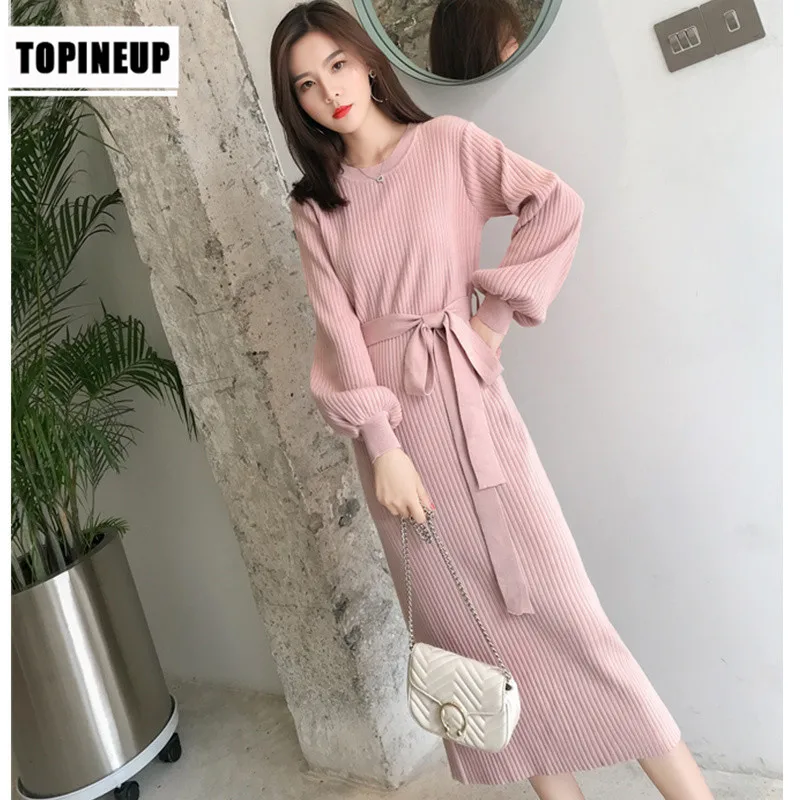 

Long Sleeve Knitted Sweater Dress With Belt Back Split Elegant Solid Color Warm 2019 Lantern Sleeve Casual