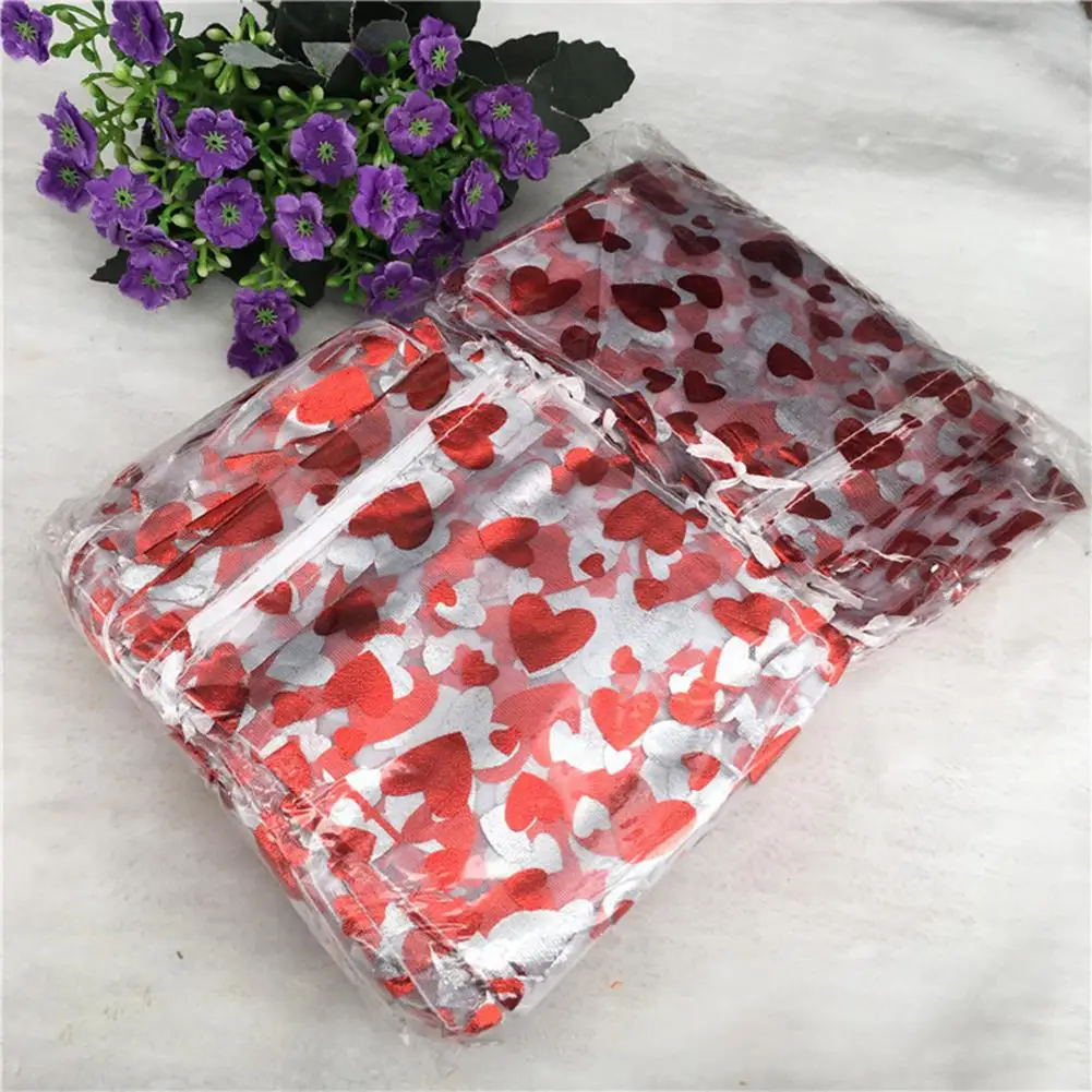 HobbyLane 100Pcs Valentine's Day Love Bag Bright Red Color Bundle Mesh Bag Gold-stamped Ogan Gift Bag