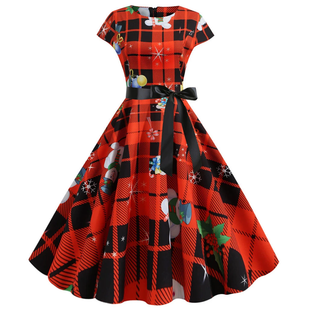 

JAYCOSIN Elegant Women Christmas Dress Santa Plaid Print Short Sleeve Summer Vintage Evening Party Dresses Robe Plus Size 918