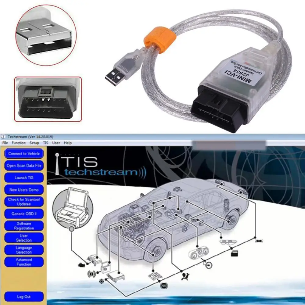 Мини VCI V14.10.028 последняя версия FTDI FT232RQ чип Techstream для Toyota/для высоких Lexus TIS OBD SAEJ2534 производительность мини D1D7