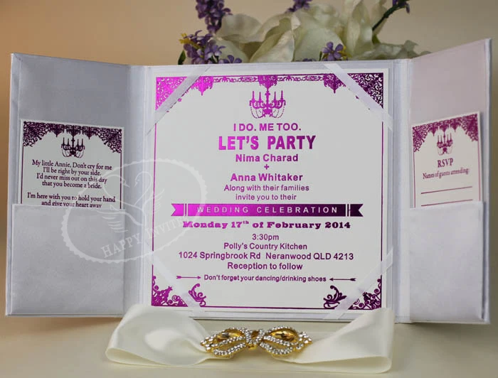 HI2003-47 Custom White Silk Invitation with Purple Printing for Wedding More Colors Available Factory Price