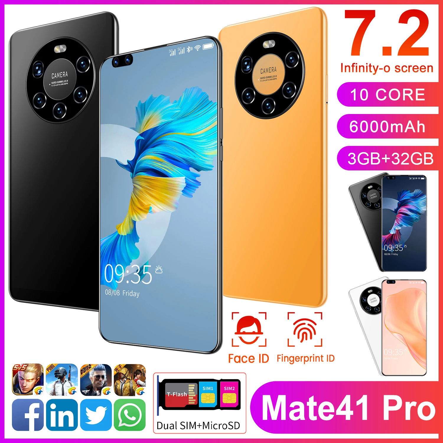 Huawie-teléfono inteligente Mate 41 Pro, móvil desbloqueado con pantalla grande HD de 7,2 pulgadas, 3GB RAM, 32GB ROM, Android 10,0