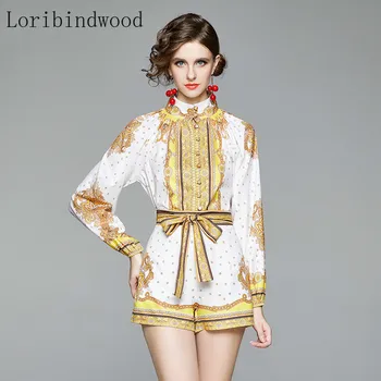 

2020 Fashion Golden Flower Print Holiday Shirts Shorts Set Women Long Sleeve Blouses Tops + Sashes Pocket Wide Leg Mini Pant Set