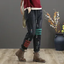 Зимние джинсы для женщин, Ретро стиль, плотные флисовые теплые джинсовые штаны, новинка, эластичная резинка на талии, вышивка, пэтчворк, обтягивающие женские брюки