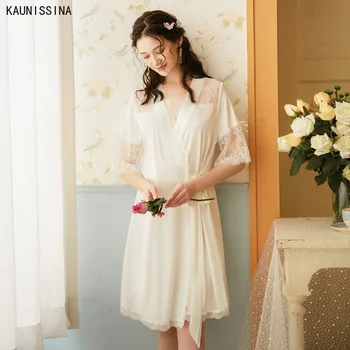 

Sexy Summer Robe Women Summer Silk Lace Sleepwear Loose Plus Size Kimono Spa Bathrobe Female Knee Length Satin Robe Nightwear