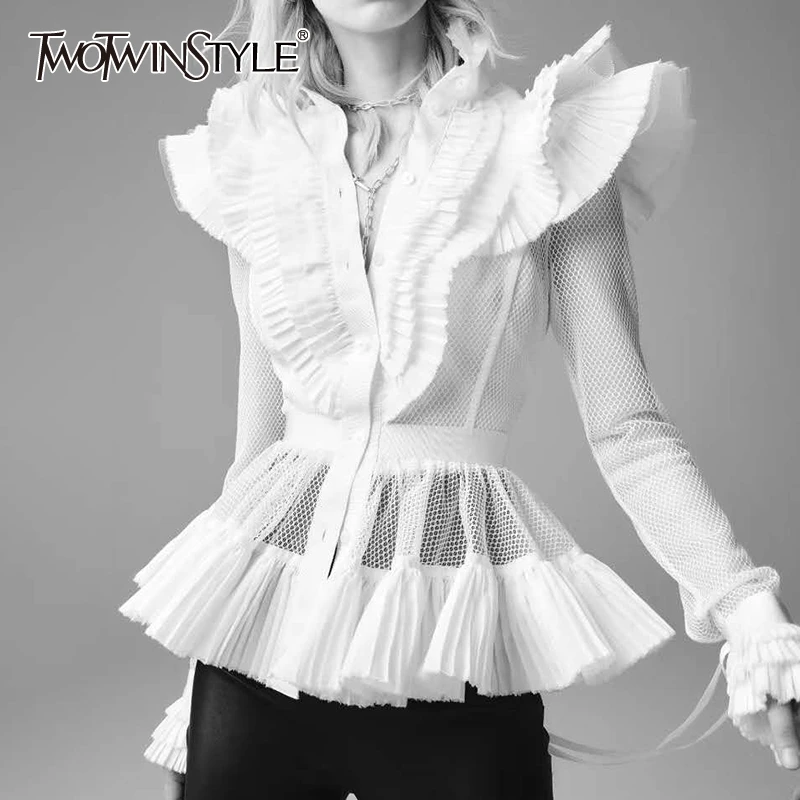 TWOTWINSTYLE Casual Hollow Out Women Blouse V Neck Flare Long Sleeve High Waist Patchwork Ruffles Shirt Female Spring Clothing TWOTWINSTYLE Casual Hollow Out Women Blouse V Neck Flare Long Sleeve High Waist Patchwork Ruffles Shirt Female Spring Clothing