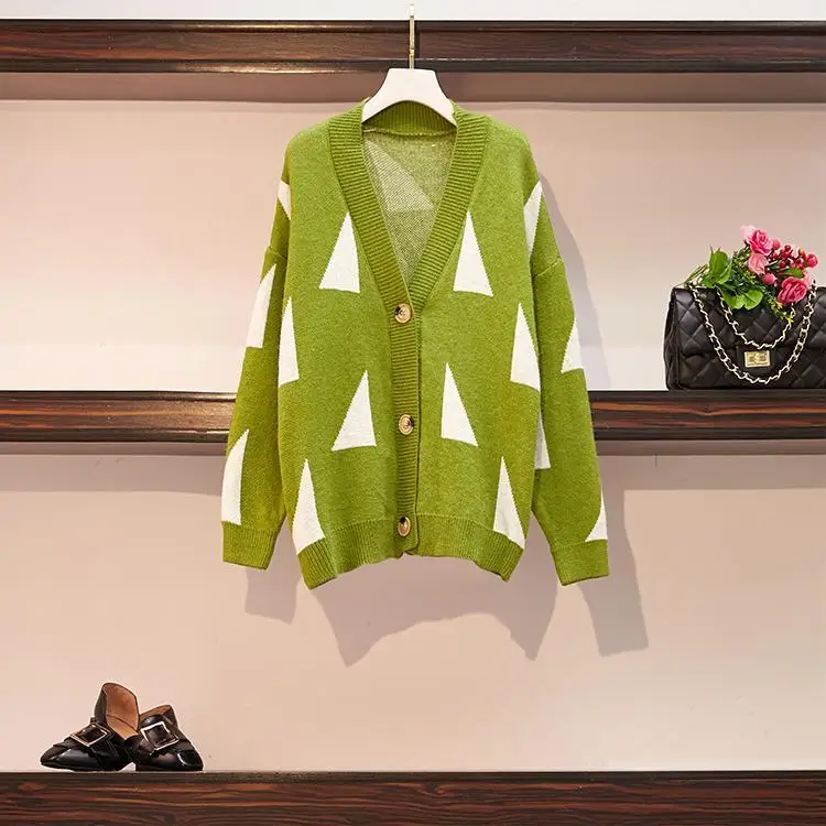 Green 5XL размера плюс треугольник геометрический узор Сладкий корейский v образным вырезом кардиган свитер осень зима вязаный Свободный Верхняя одежда Теплые Топы - Цвет: Green