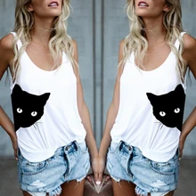 Женские повседневные летние женские безрукавки с принтом кота, Свободный жилет с вырезом лодочкой, топ без рукавов, Футболка женская мягкая на каждый день
