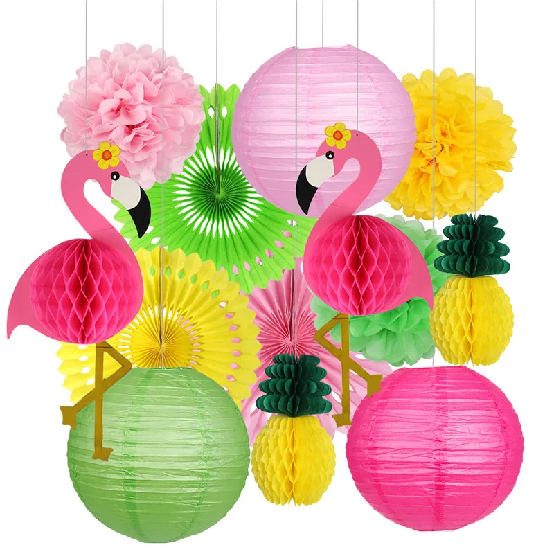 Pom Poms Paper Flowers Tissue Paper Fan Paper Lanterns for Hawaiian Summer Beach Luau Party Tropical Pink Flamingo Party Honeycomb Decoration