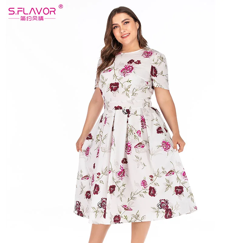 S.FLAVOR Fashion Printing Dress Vintage Style Women O-neck Short Sleeve A-line Dress Slim Retro Midi Dresses Plus Size