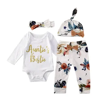 

4Pcs Newborn Toddler Baby Girl Floral ClothesLong Sleeve Romper Tops+Flower Long Pants Leggings+Headband+Hat Autumn Outfits