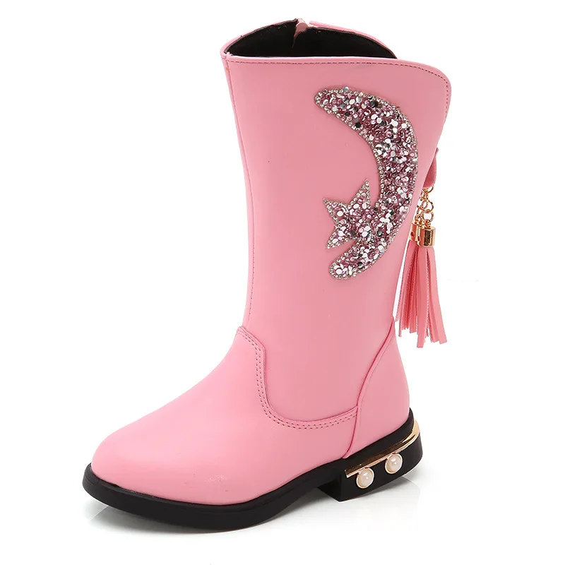 Girls Boots Winter New Children Leather Boots Fashion Sequin Tassel Girls Princess Boots Plus Velvet Warm Kids Shoes 27-37