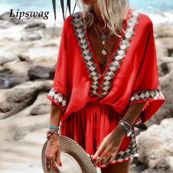 

Women Sexy Deep V-Neck Digital Print Short Dresses 2020 Summer Three Quarter Bat Sleeve Mini Dress 2XL Casual Loose A-Line Dress