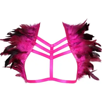 

Rose Red Feather Harness Bra Belt Elastic Crop Top Epaulet Body Cage Shawl Burning Art Dance Rave Plus Size Sexy Lingerie Women