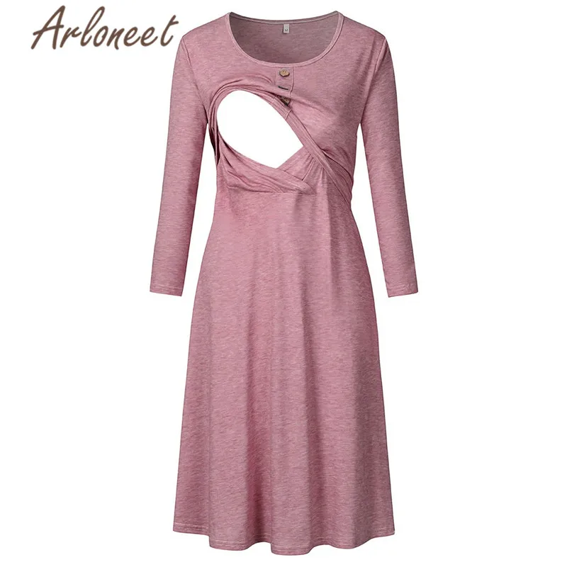 ARLONEET Pregnant Clothes Women Maternity Dresses Long Sleeve Dress Cotton Button Knee Length Dresses Winter Ladies Vestidos - Цвет: Watermelon Red