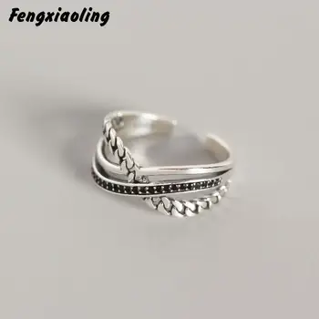 

Fengxiaoling New Fashion Three-layer Line 925 Sterling Silver Rings For Women Black Multiple Zircons Silver Ring 925 Jewelry