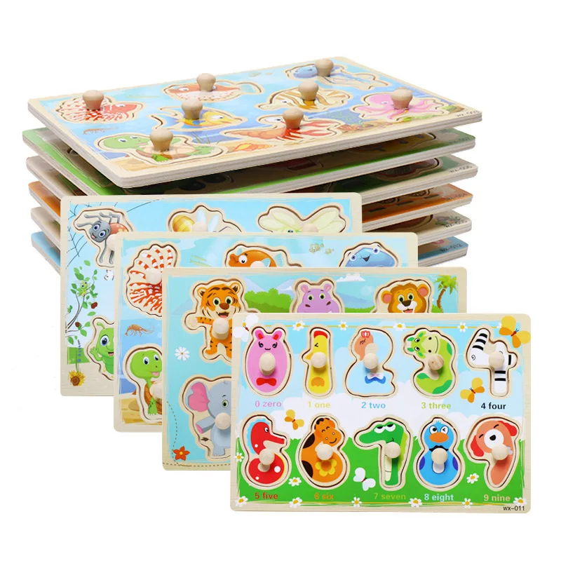 

2020 New Baby Cartoon Animal 3D Puzzles Hand Grab Wooden Toys Numbers Animal Fruit Shape Cognitive Jigsaw Puzzle Education Toy