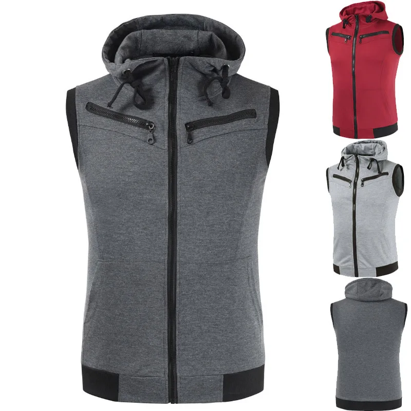 AliExpress Batches Summer New Style Men's Hooded Sleeveless Vest Solid Color Casual Slim Fit Waistcoat Hoodie