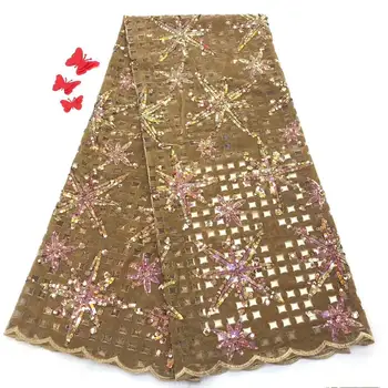 

Madison Gold Color Velvet Lace Fabrics with Stones Sequence Lace Fabric for Wedding Party Dress Latest Sequins Lace Fabric
