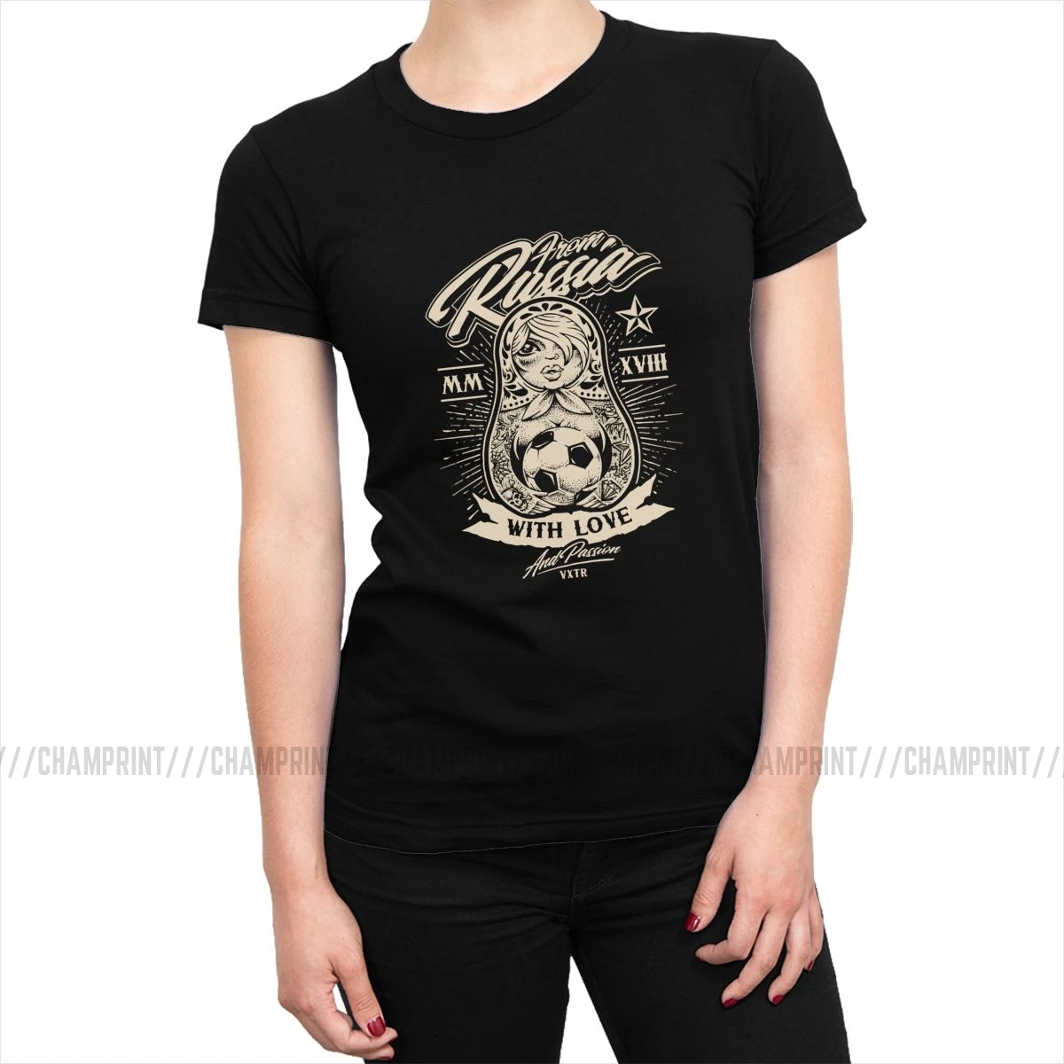 Women's From Russia With Love T-shirts Matryoshka Doll T Shirts Vogue Pure Cotton Tops Tees Summer Female Clothing Plus Size - Цвет: Черный