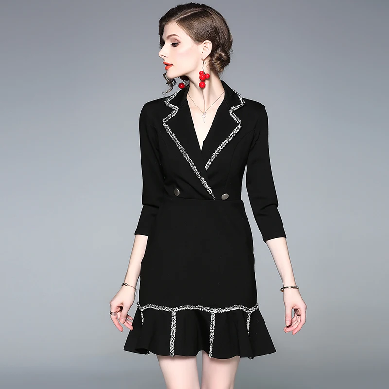 Весна черный костюм рыбий хвост Блейзер платье ropa mujer Verano лист лотоса край V-воротник женское платье vestidos mujer K8999