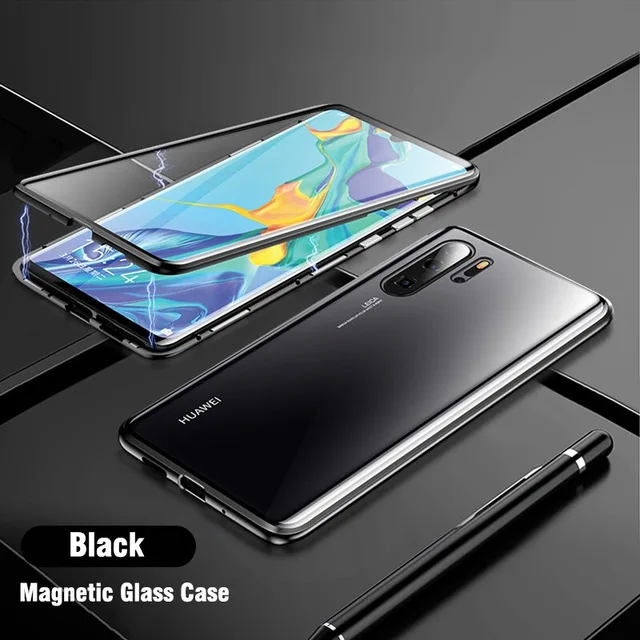 Роскошный защитный чехол с магнитным стеклом для huawei P20 Lite P30 Pro 360, задняя крышка из закаленного стекла для mate 20 Lite, чехол - Цвет: Full Black